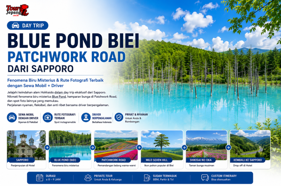 Day Trip Blue Pond Biei & Patchwork Road dari Sapporo: Fenomena Biru Misterius dan Rute Fotografi dengan Sewa Mobil & Driver