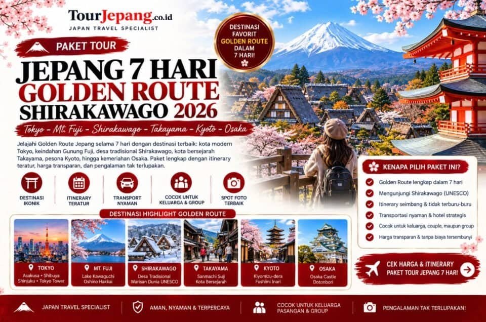 Paket Tour Jepang 7 Hari Golden Route + Shirakawago 2026: Harga, Itinerary & Fasilitas Lengkap